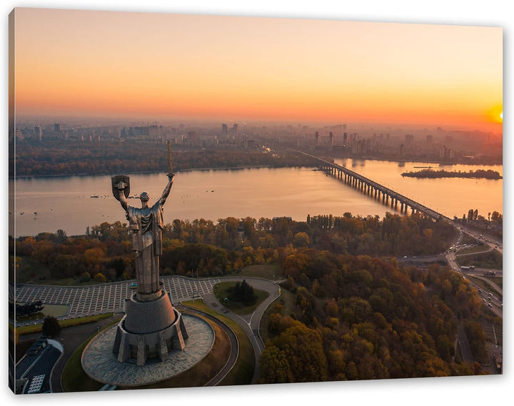 Pixxprint Skyline Kiew Sonnenuntergang als Leinwandbild | Grösse: 100x70 cm | Wandbild | Kunstdruck