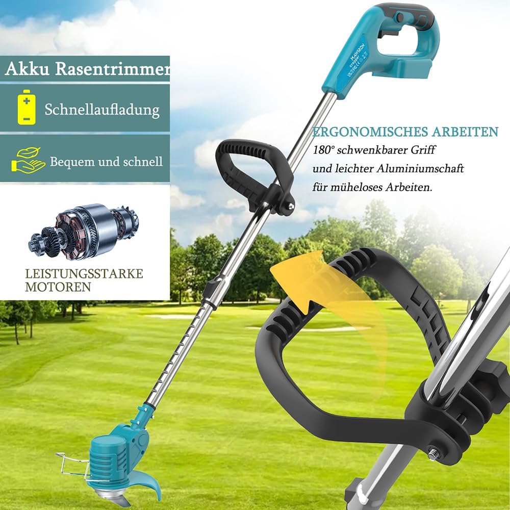 Akku Rasentrimmer mit 2 x 3.0AH Akku, Ersatz für 18V BL1850,10 Metallklinge,2X Kreissägeblätter, 90°