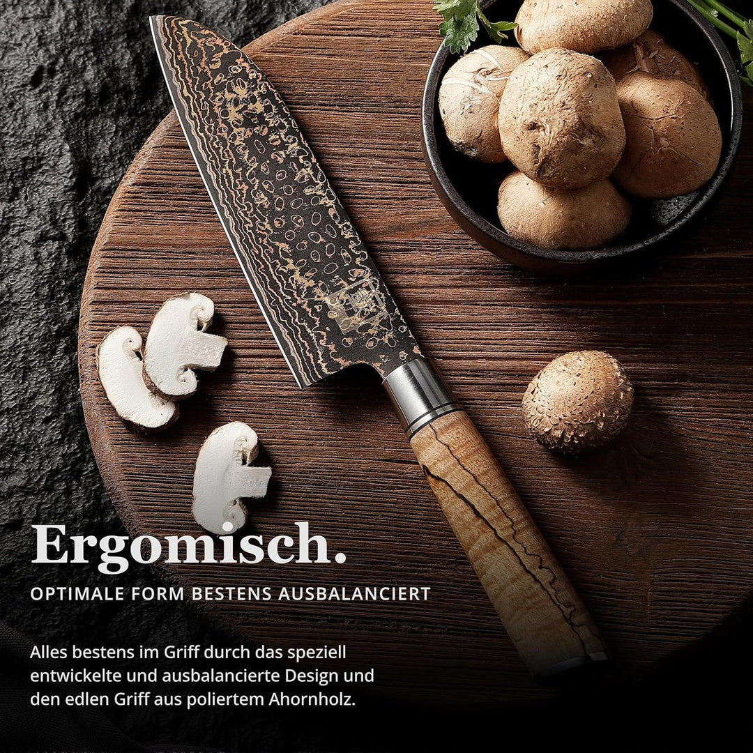 zayiko BlackMagma Damastmesser Santoku I 16,5 cm Klinge aus Damaststahl mit Kupfer & Bronze sowie Ah