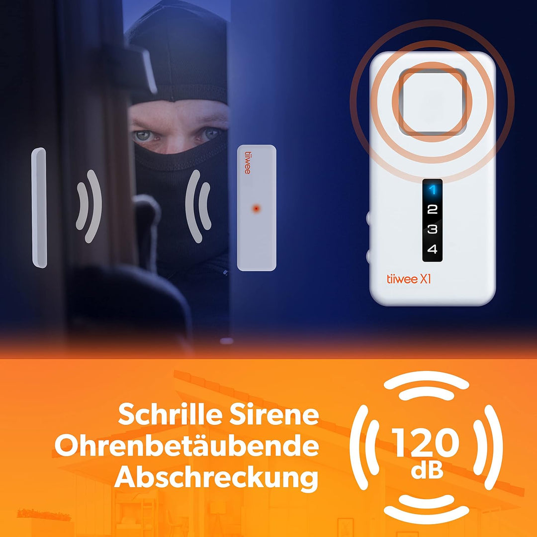 tiiwee Alarmanlage für Tür und Fenster - Sicherheitssystem mit Sirene, 4 Tür- und Fenstersensoren un