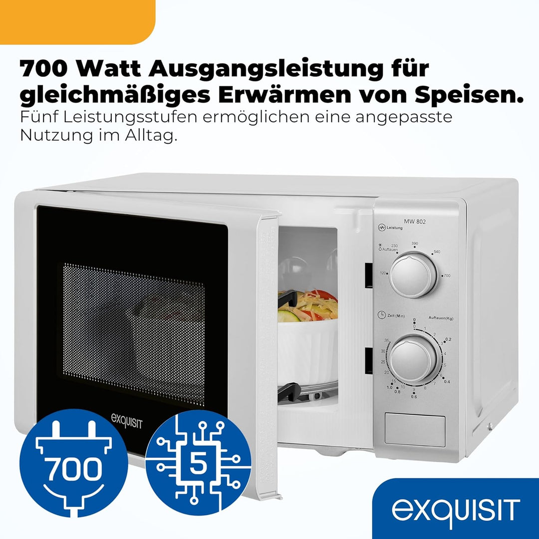 Exquisit Mikrowelle MW 802 si | 700 W Leistung | 20 L Garrraum | 5 Leistungsstufen | Timer | Drehtel