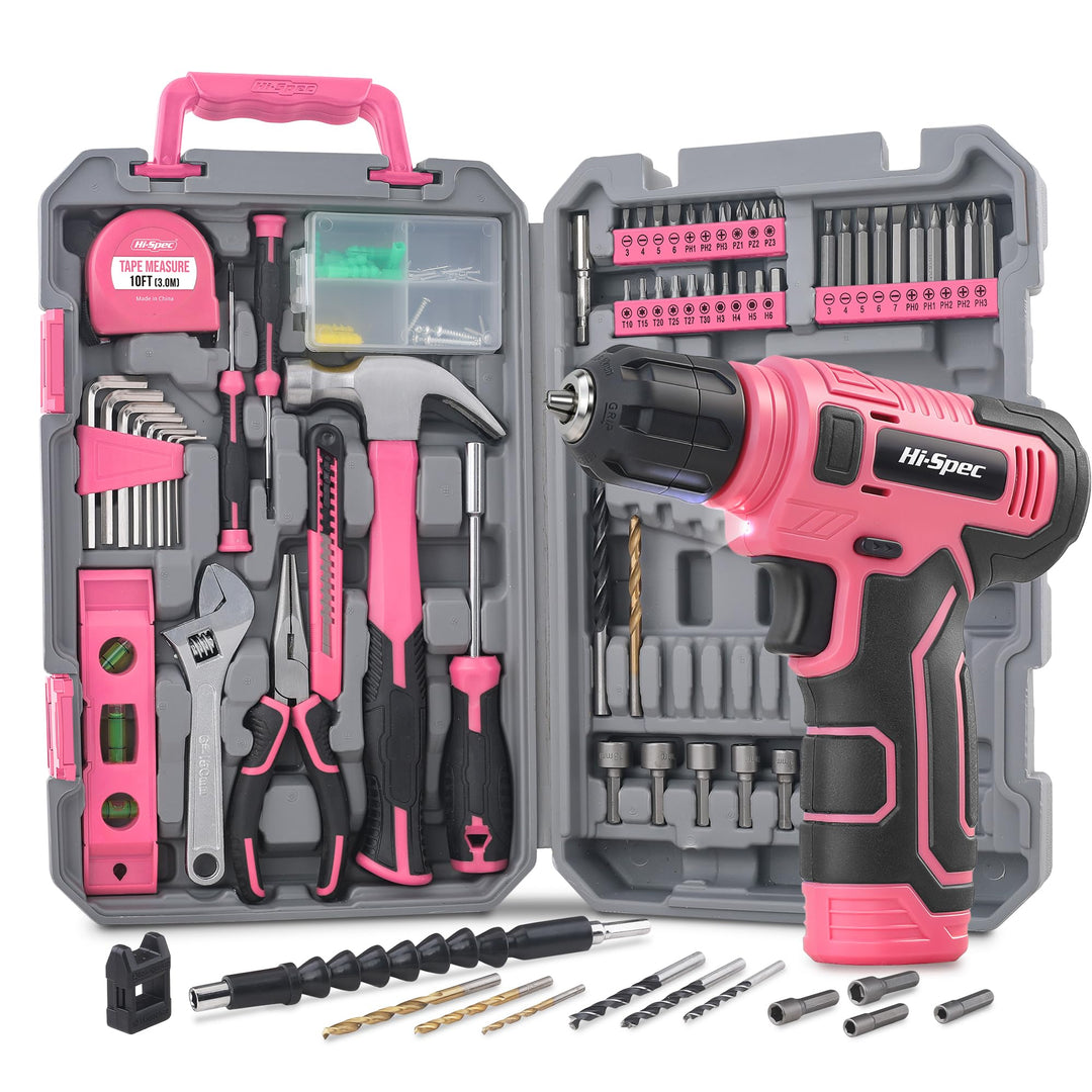 Hi-Spec Werkzeugset in Pink mit 8V Akku-Bohrschrauber, USB Wiederaufladbar – Kompakter Werkzeugkoffe