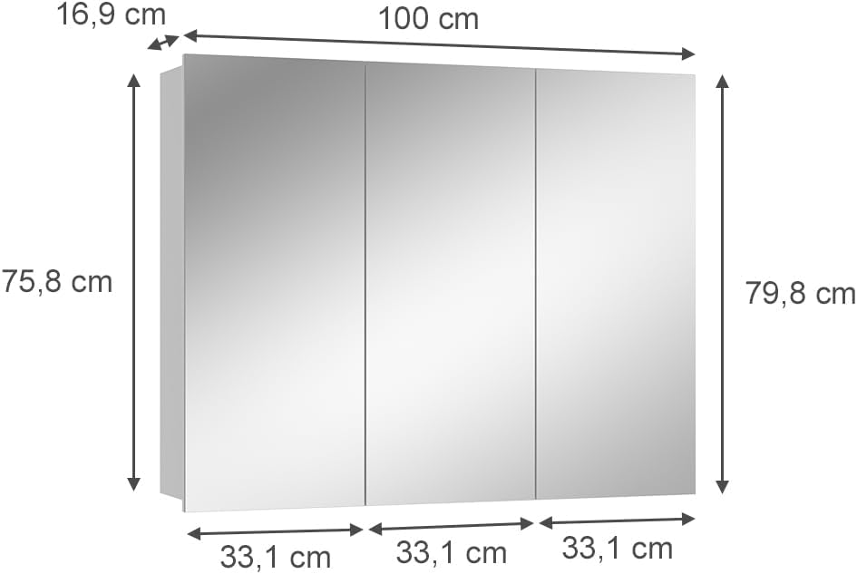 Vicco Bad Spiegelschrank Sola, Weiss, 100 x 79.8 cm mit 3 Türen 100 x 80 cm, 100 x 80 cm
