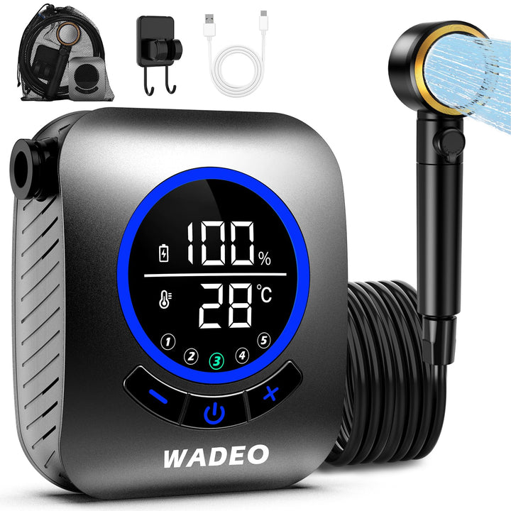 WADEO Tragbare Dusche mit Pumpe, 8000mAh wiederaufladbare Campingdusche mit LED-Anzeige, Schnellkupp