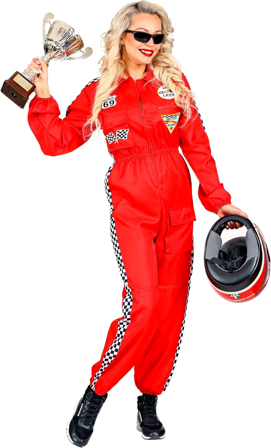 Widmann Rennfahrer Kostüm Overall Jumpsuit rot Anzug exklusiv (Damen Overall, Small) Rot S, Rot S