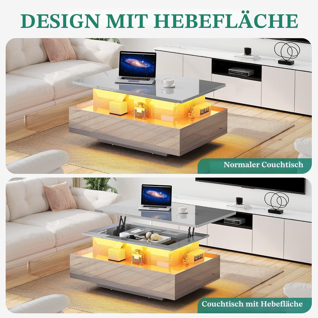 YITAHOME Couchtisch Hochglanz mit LED-Streifen, Couchtisch mit Ablagefläche für Wohnzimmer, moderner