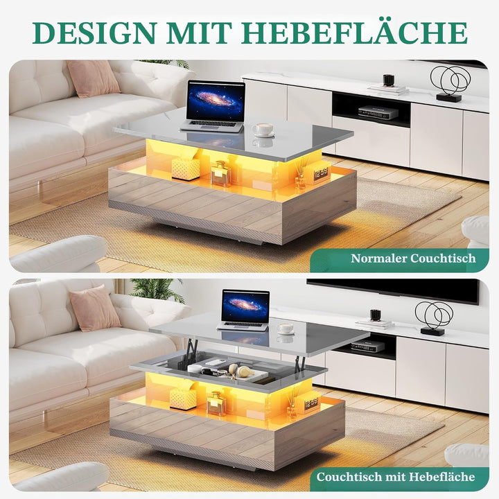 YITAHOME Couchtisch Hochglanz mit LED-Streifen, Couchtisch mit Ablagefläche für Wohnzimmer, moderner