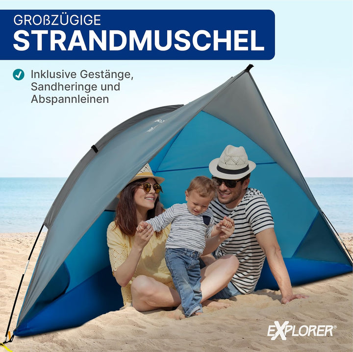 EXPLORER Reise Strandmuschel mit UV Schutz 80+ [240x125x125cm] kleines Packmass [9x32cm] leicht [1Kg