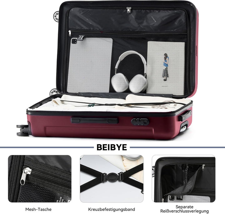 BEIBYE Hartschalen-Koffer Trolley Rollkoffer Reisekoffer Handgepäck 4 Rollen (M-L-XL-Set) (Weinrot,
