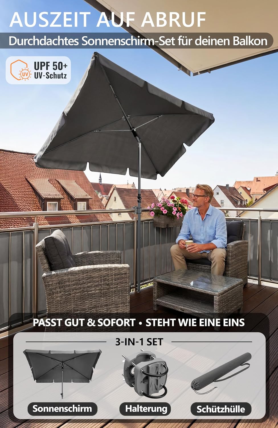 4smile Sonnenschirm Balkon SunnyShade - Sonnenschutz Balkon 3-in-1 SET, Anthrazit - UPF 50+ Sonnensc