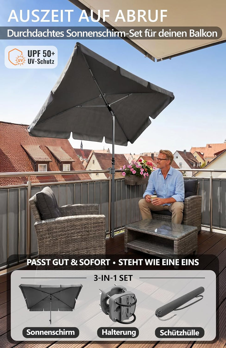 4smile Sonnenschirm Balkon SunnyShade - Sonnenschutz Balkon 3-in-1 SET, Anthrazit - UPF 50+ Sonnensc