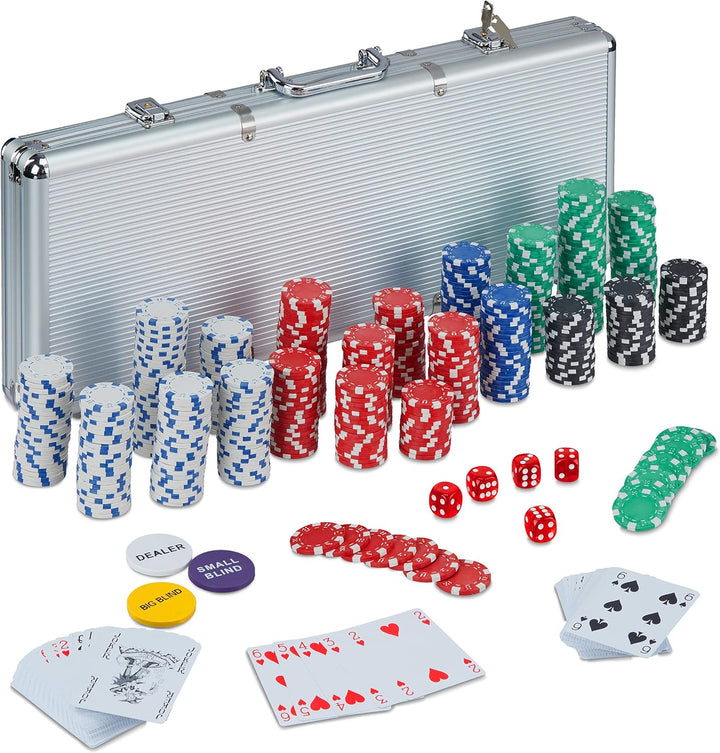 Relaxdays Pokerkoffer, 500 Pokerchips ohne Wert, 2 Kartendecks, 5 Würfel, Button Set, abschliessbar,