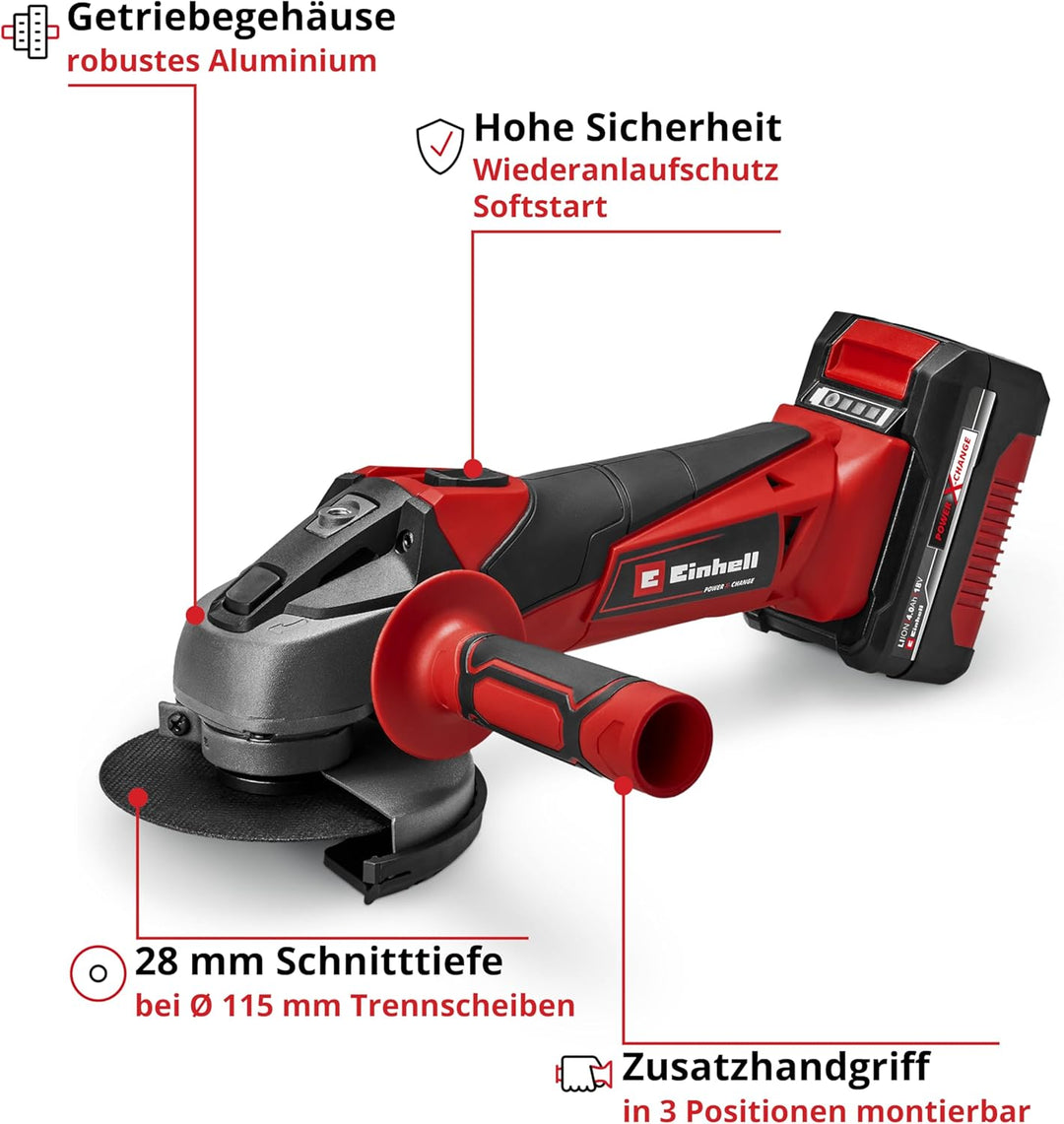 Einhell Akku-Winkelschleifer TC-AG 18/115 Li (1x4,0Ah) (18 V, 115 mm Scheiben-Ø, 28 mm Schnitttiefe,