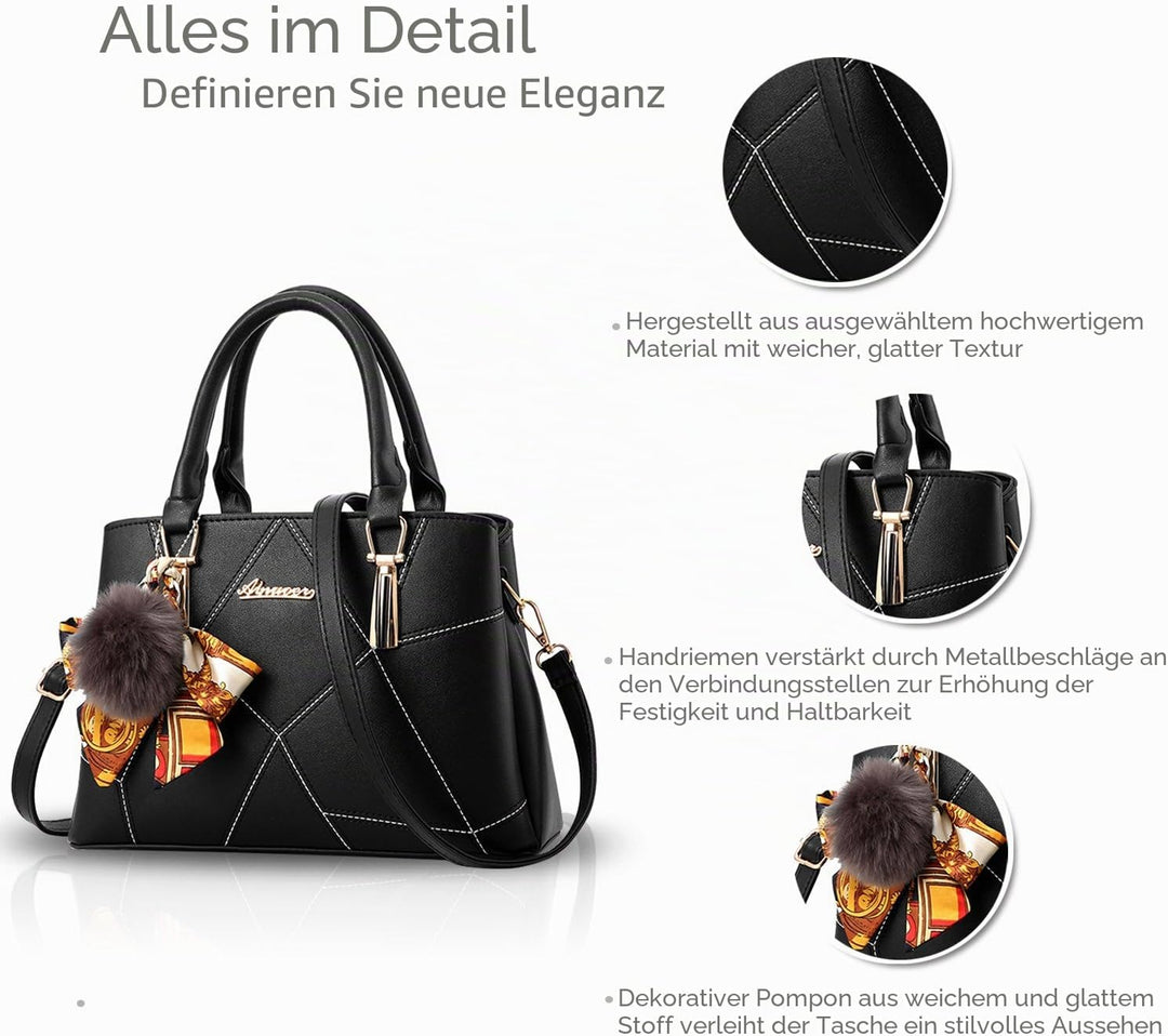NICOLE&DORIS Modische Damen Handtasche aus Kunstleder Schwarz, Schwarz