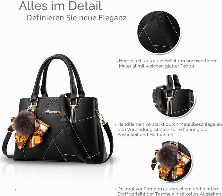 NICOLE&DORIS Modische Damen Handtasche aus Kunstleder Schwarz, Schwarz