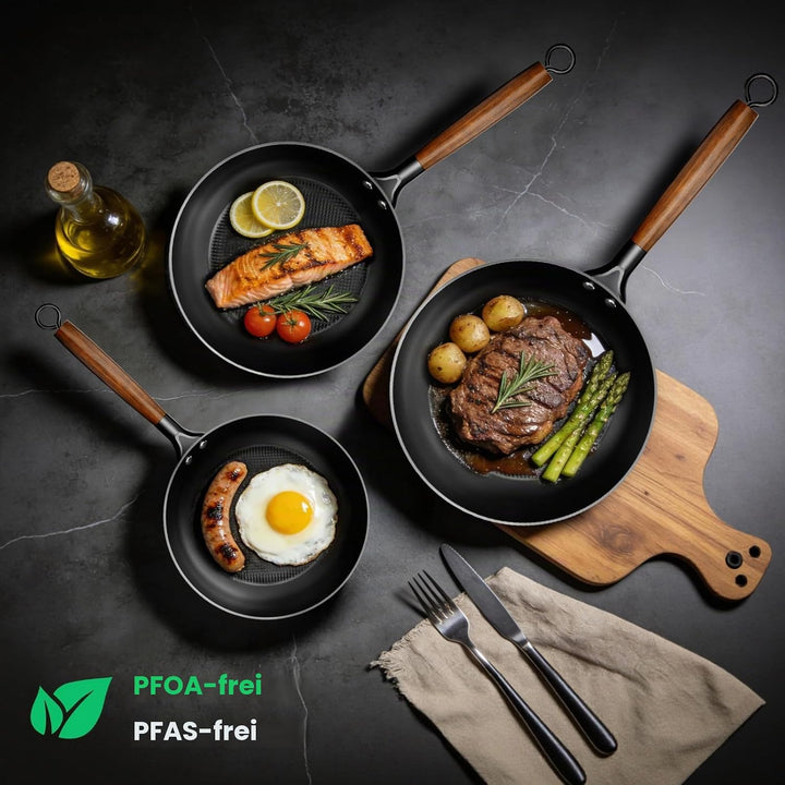 YUTANN Gusseisenpfanne, Nonstick Frying Pan, Pfannen 24cm mit Abnehmbarer Holzgriff, PFAS-Frei, PFOA