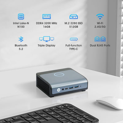 BOSGAME E1 Mini PC [2.5G Dual LAN], 16GB DDR4 512GB SSD Intel 12th Gen N100 (bis zu 3.4GHz), Mini De