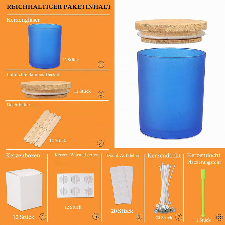 MILIVIXAY 12 Stück 340 ml Milchglas-Kerzengläser mit Deckel und Kerzenherstellungs-Sets – leere Kerz