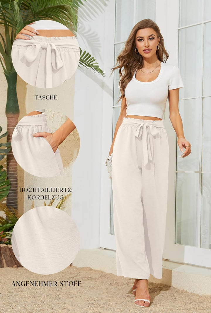 Damen Hose mit weitem Bein Leicht und Elegant Elastischer Bund Sommerhose mit Taschen für Legere Arb