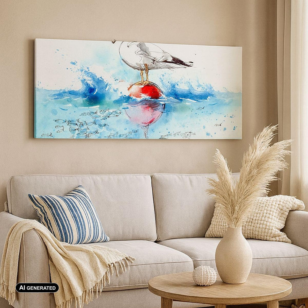 Panorama Bilder auf Leinwand 100x40cm Leinwandbild Wasser Fische Möwe hungrig Gross Wanddeko Bild Sc