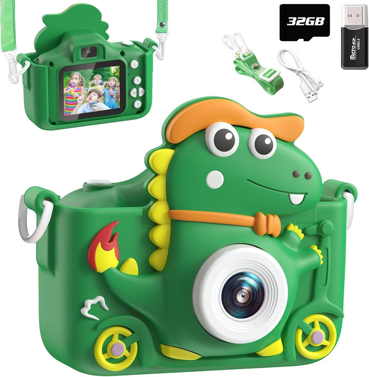 Kinderkamera Dinosaurier, Kinder Kamera 2" Display 1080P, Selfie Digitalkamera Kinder mit 32GB, Foto
