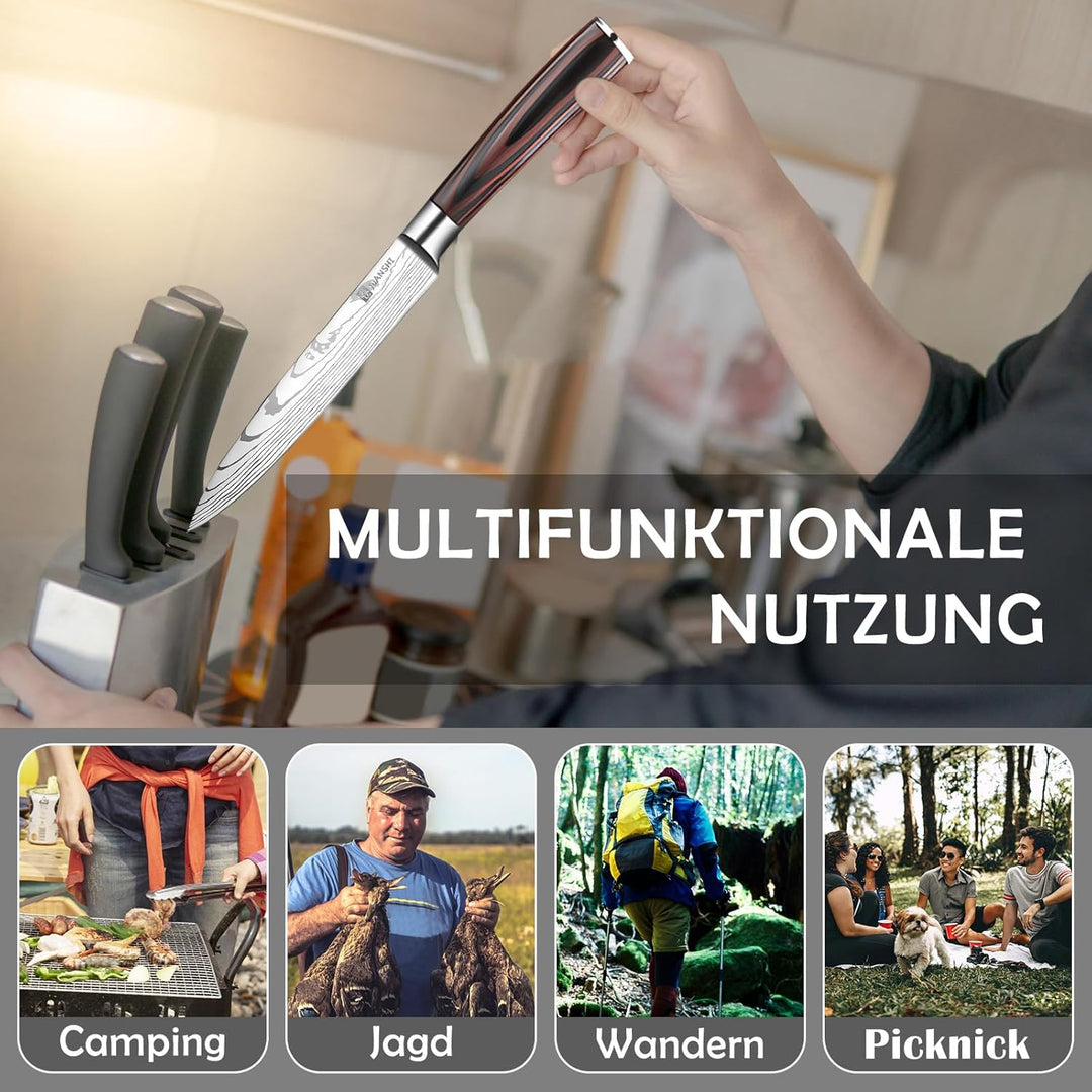 JUANSHI® Japanisches Messer, 13 cm Universalmesser - Professionelles Küchenmesser mit Pakkaholzgriff