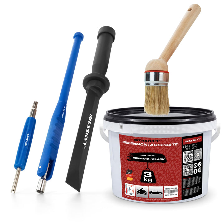 Reifen- Montagepaste 3kg I Montagewax SCHWARZ + Ventildreher + Ventileinzieher + Ventilhelbel im