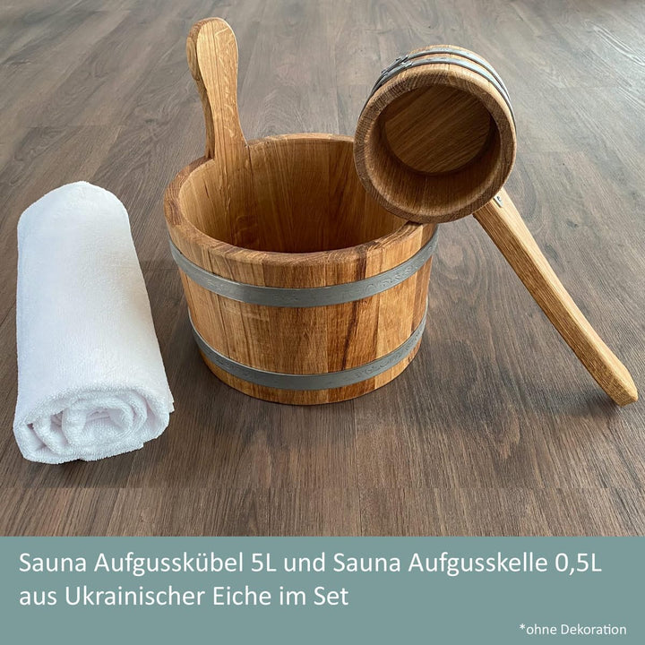 Waldmeister Sauna Set - Eichenholz Aufgusskübel 5L -inkl. 0,5L Sauna Aufgusskelle - 30 x 27 x 27 cm