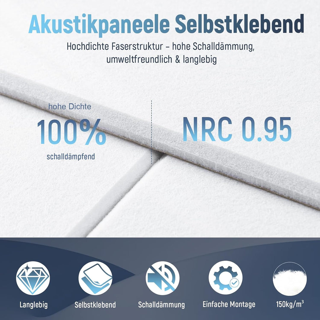 Akustikpaneele Selbstklebend für Wänd - Schallschutz Filz Wandpaneele 18-pack Weiss Quadratisch, 18-