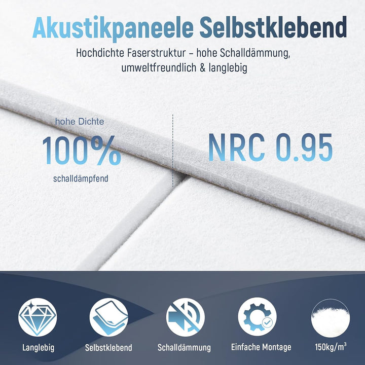 Akustikpaneele Selbstklebend für Wänd - Schallschutz Filz Wandpaneele 18-pack Weiss Quadratisch, 18-