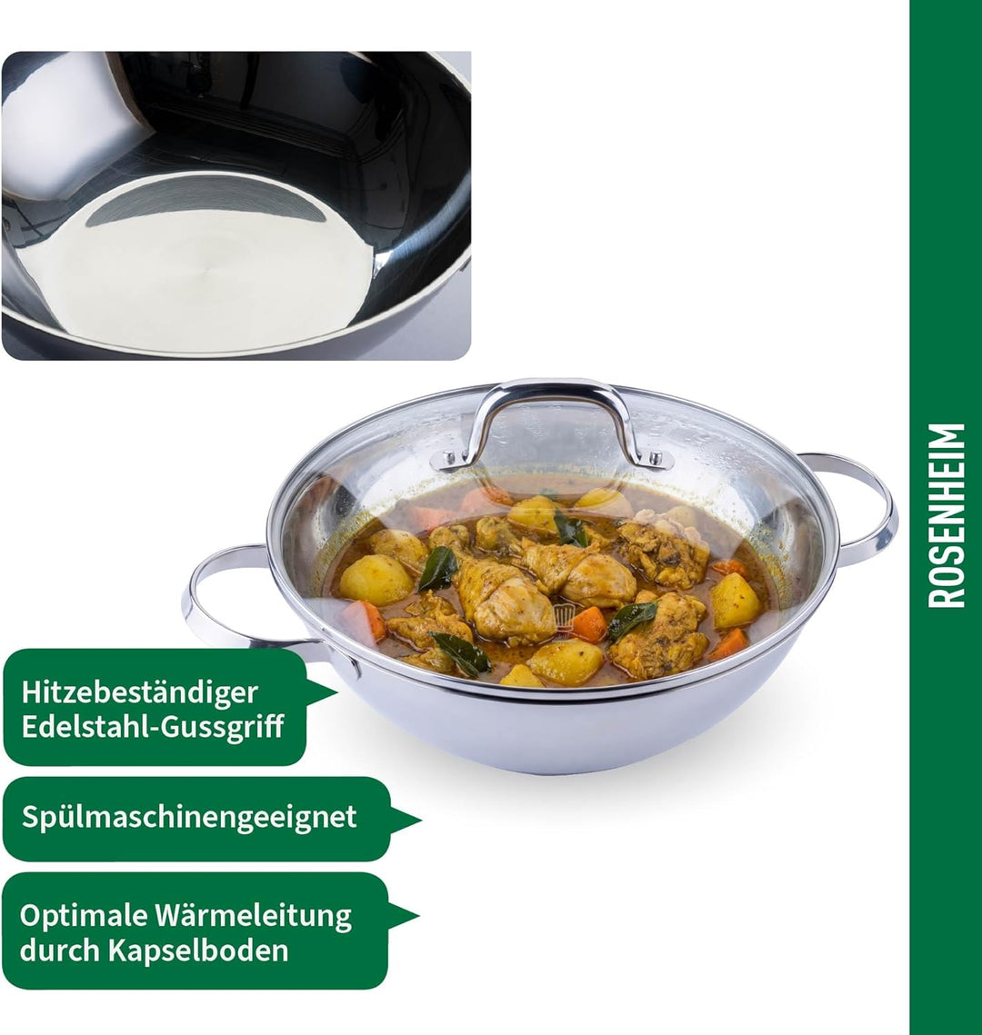 FACKELMANN Chefkoch trifft Wokpfanne Rosenheim – Ø30 cm, Glasdeckel inkl. Dampföffnung und Aluminium