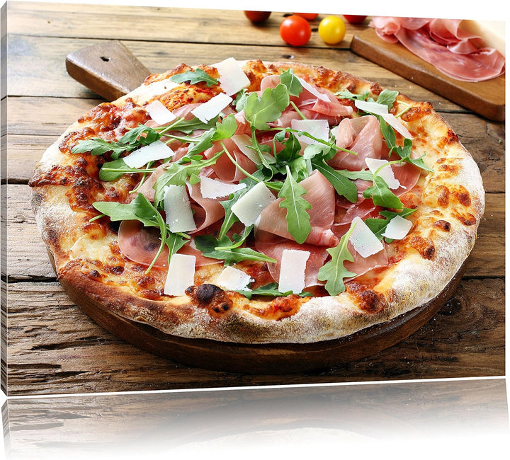 Pixxprint Prosciutto Pizza auf Holztisch als Leinwandbild/Grösse: 100x70 cm/Wandbild/Kunstdruck/fert