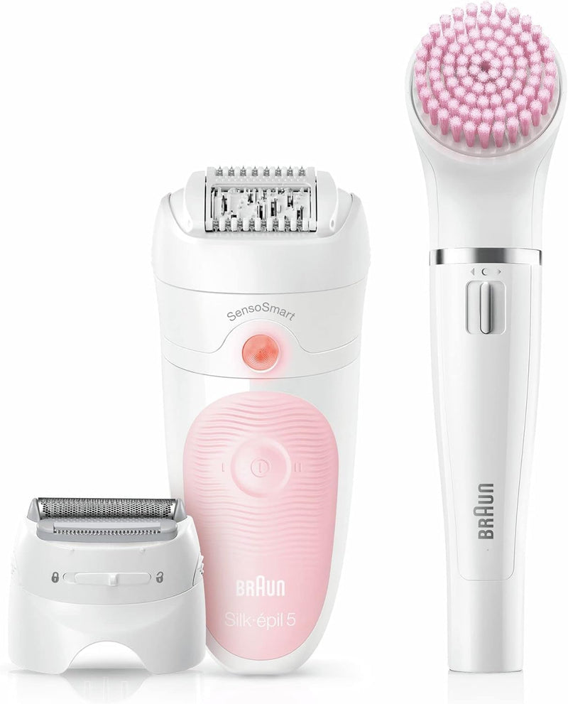 Braun Silk-épil 5 Beauty-Set, Epilierer Damen / Haarentferner, Aufsätze für Rasierer, Peeling, Reini