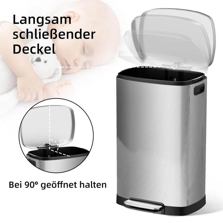 KSSKSS Mülleimer Küche, 50 Liter Edelstahl Abfalleimer, 50L Treteimer mit sanft schliessendem Deckel