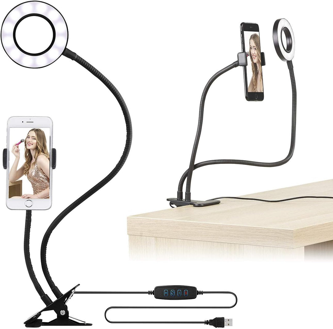 Somikon Foto Licht: USB-Ringlicht mit Smartphone-Halter & Fernauslöser, Ø 3,5" / 9 cm (LED Ringlicht