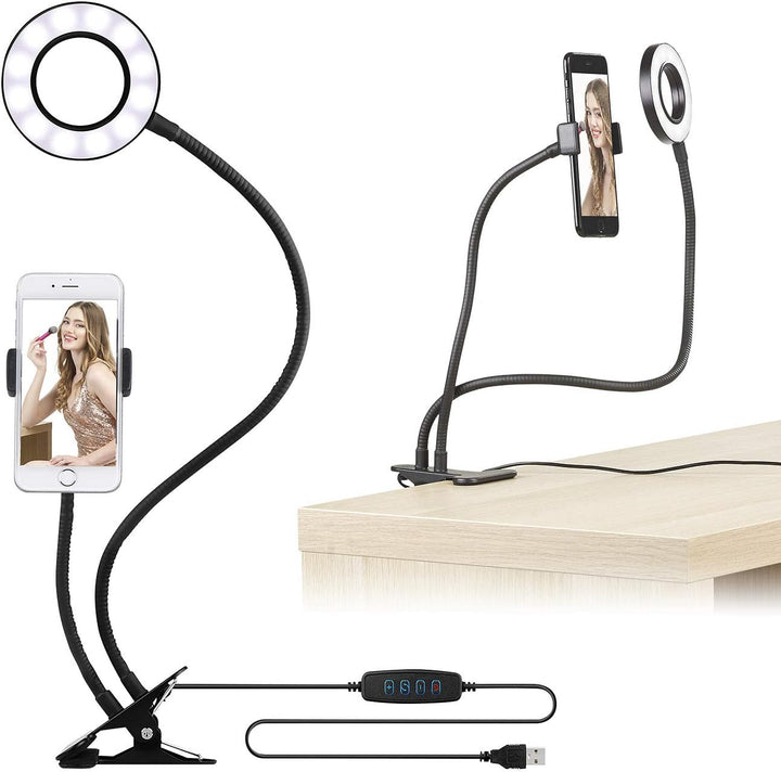 Somikon Foto Licht: USB-Ringlicht mit Smartphone-Halter & Fernauslöser, Ø 3,5" / 9 cm (LED Ringlicht