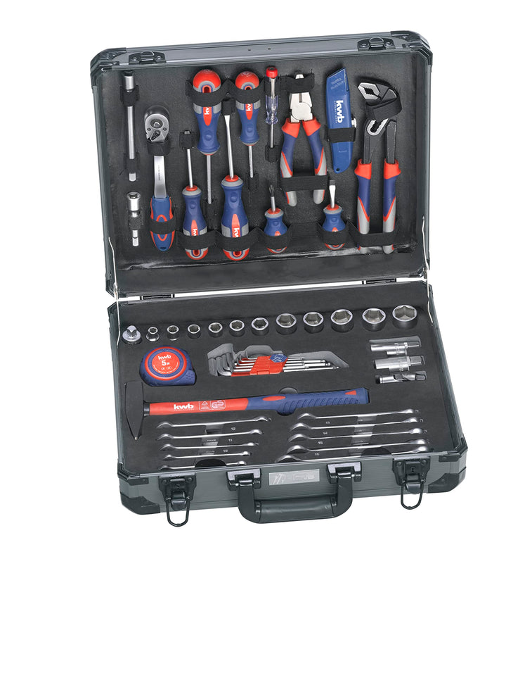 kwb Werkzeugkoffer aus robustem Aluminium inkl. 51-tlg. hochwertigem Werkzeug-Set als perfekte Grund