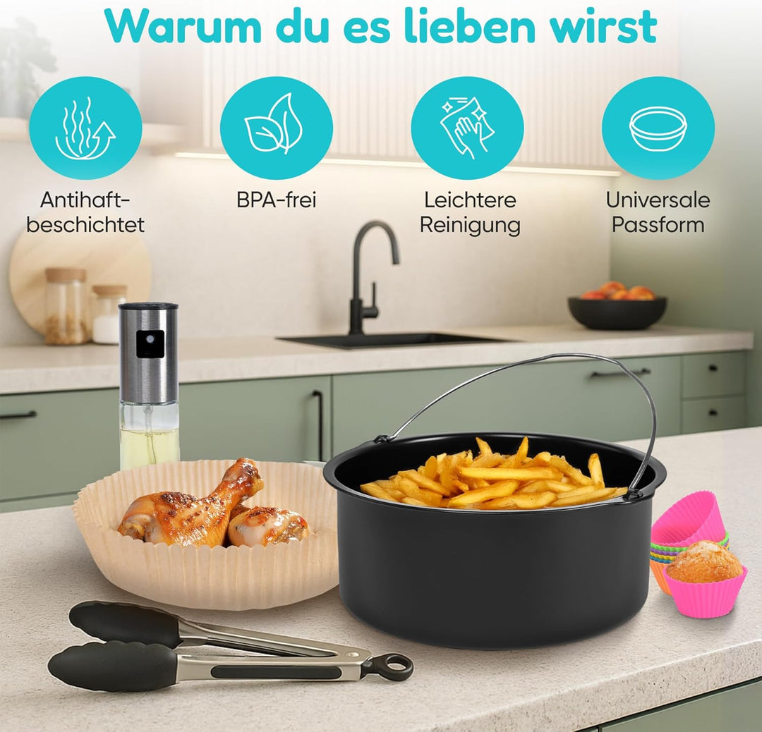Heissluftfritteuse Zubehör, Airfryer Zubehör, 18 Teile Set. Mit Backform, 100 x Backpapier, Ölsprühe