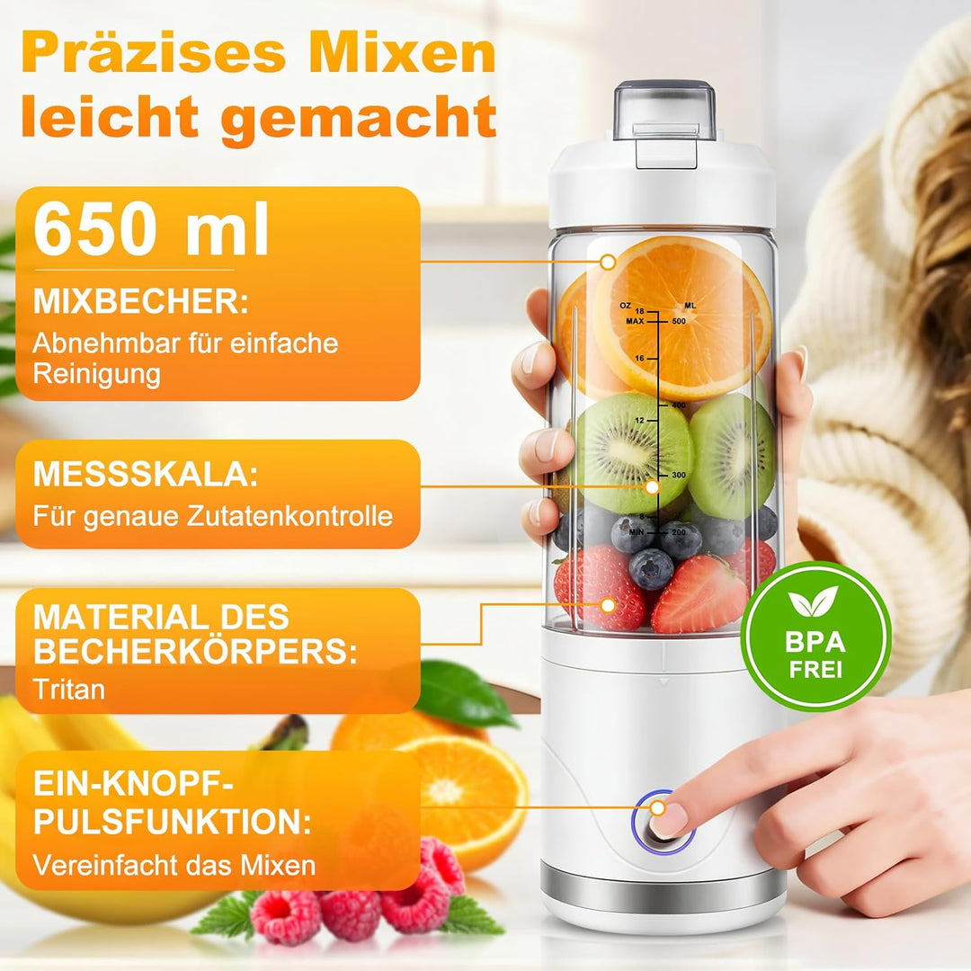 Tragbarer Mixer und Smoothie Maker to go, 650ml Abnehmbarer Behälter, 4000mAh Kabellos & Wiederaufla