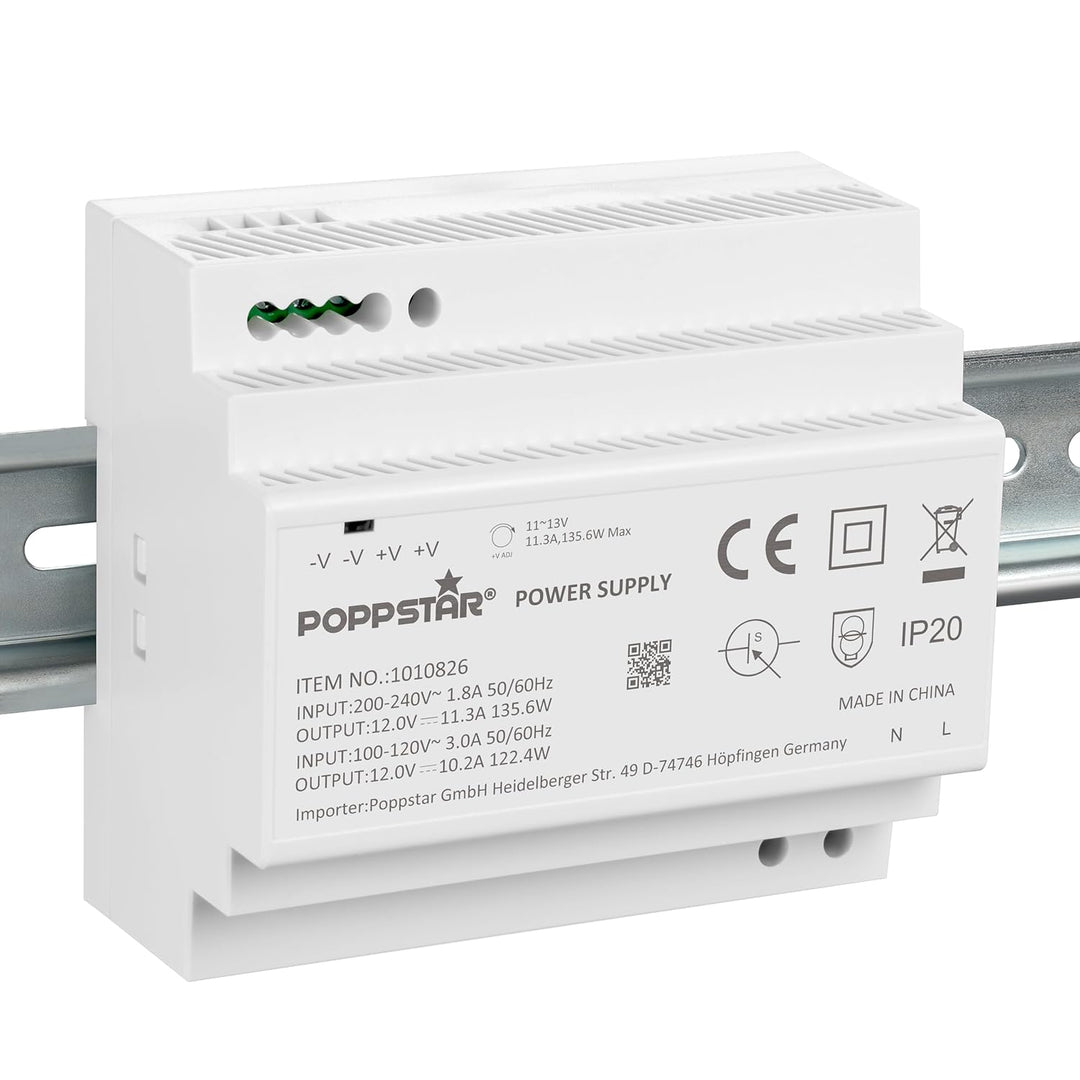 Poppstar 12V Trafo Hutschiene 11,3 A max. 135W (Input 100-240 V AC 50/60 Hz) Hutschienen-Netzteil 12