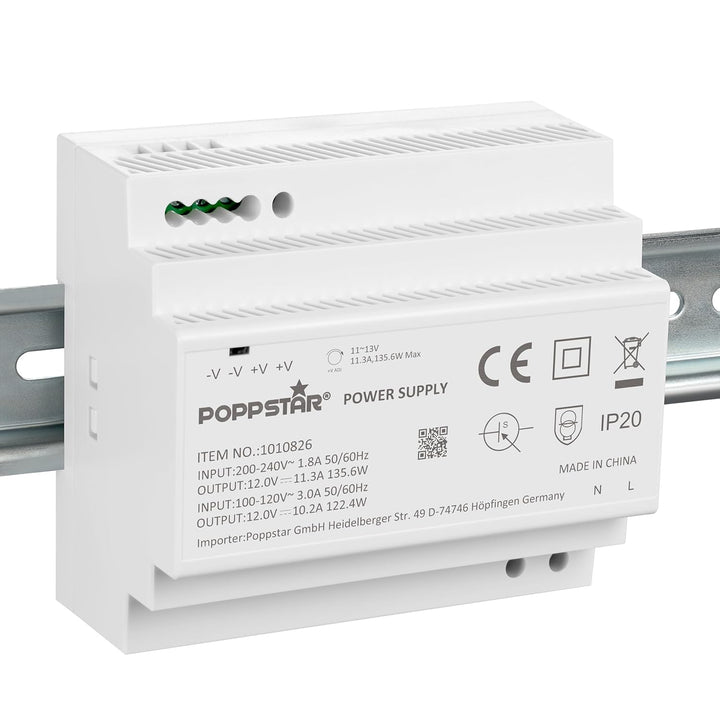 Poppstar 12V Trafo Hutschiene 11,3 A max. 135W (Input 100-240 V AC 50/60 Hz) Hutschienen-Netzteil 12