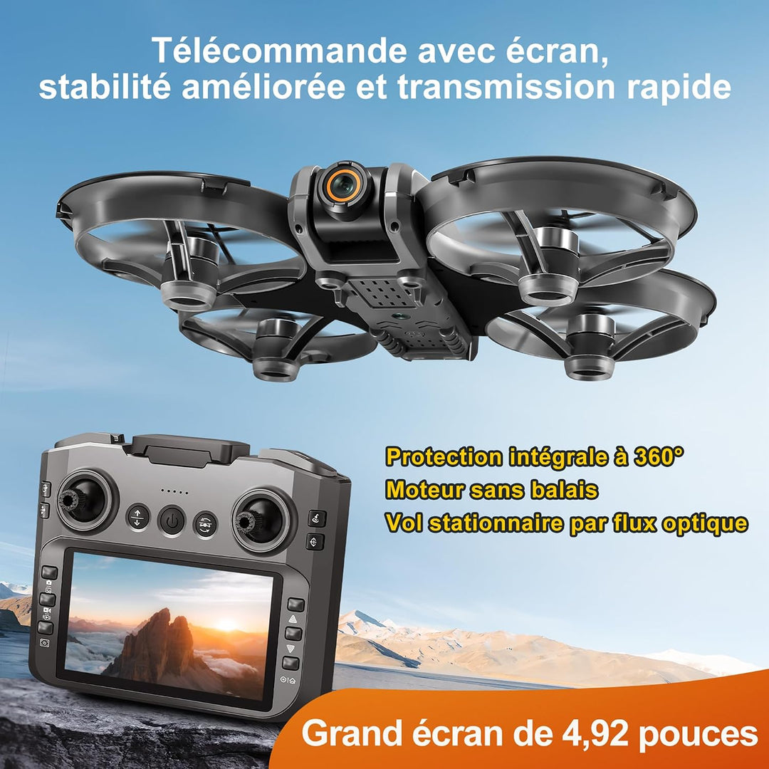 Drohne mit 4,9-Zoll-Bildschirm-Fernbedienung, HD-Dual-Kamera, bürstenlosem Motor, 360° Flips, optisc