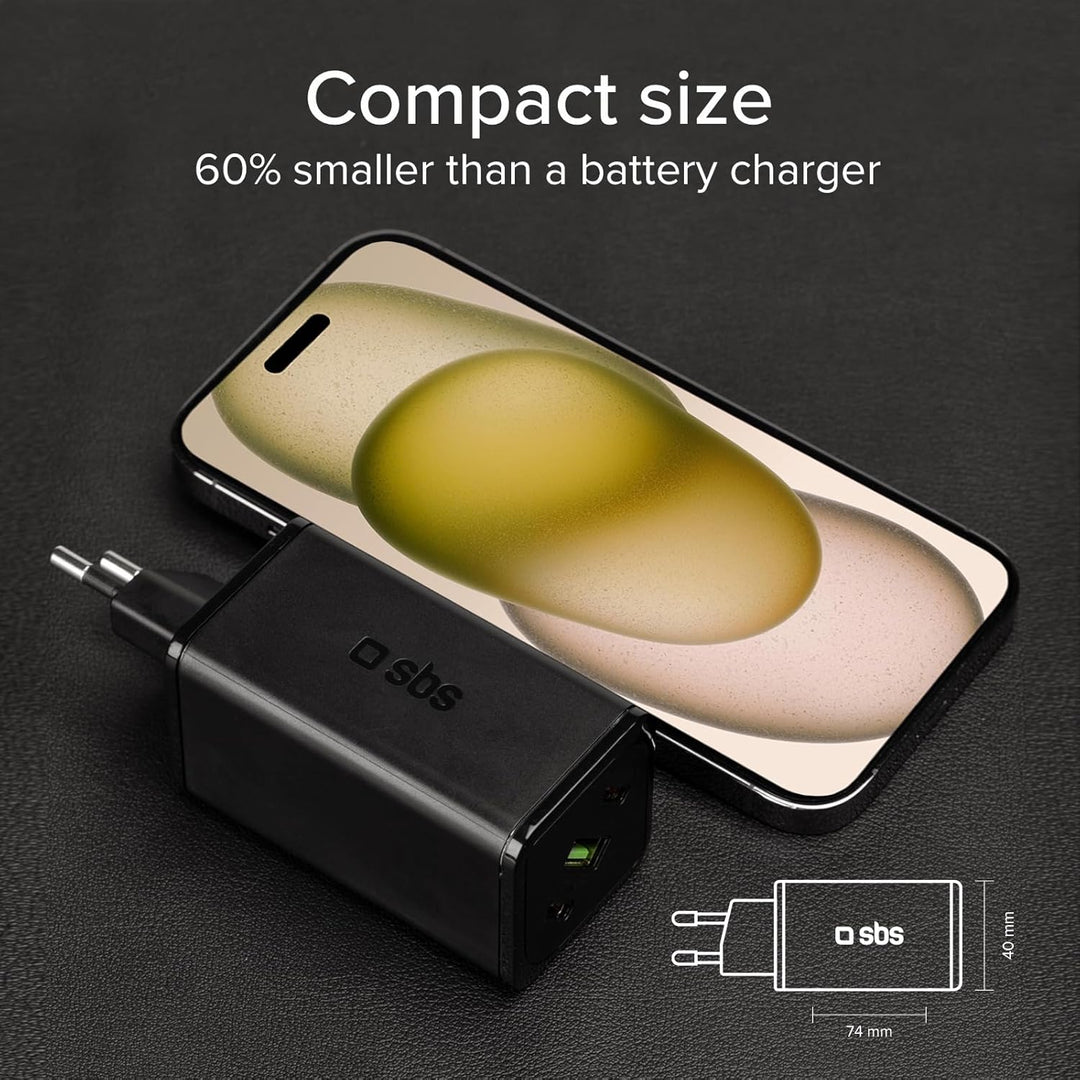 SBS Mehrport-Ladegerät 100W, 2 USB-C-Anschlüsse, 1 USB-A-Anschluss, GaN, Power Delivery, kompakt, id