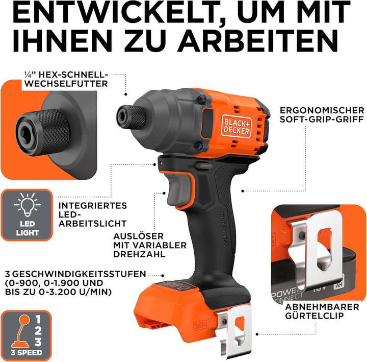 BLACK+DECKER Bürstenloser Schlagschrauber, Akku-Schlagschrauber ohne Akku & 20 x Bohrer, ohne Akku o