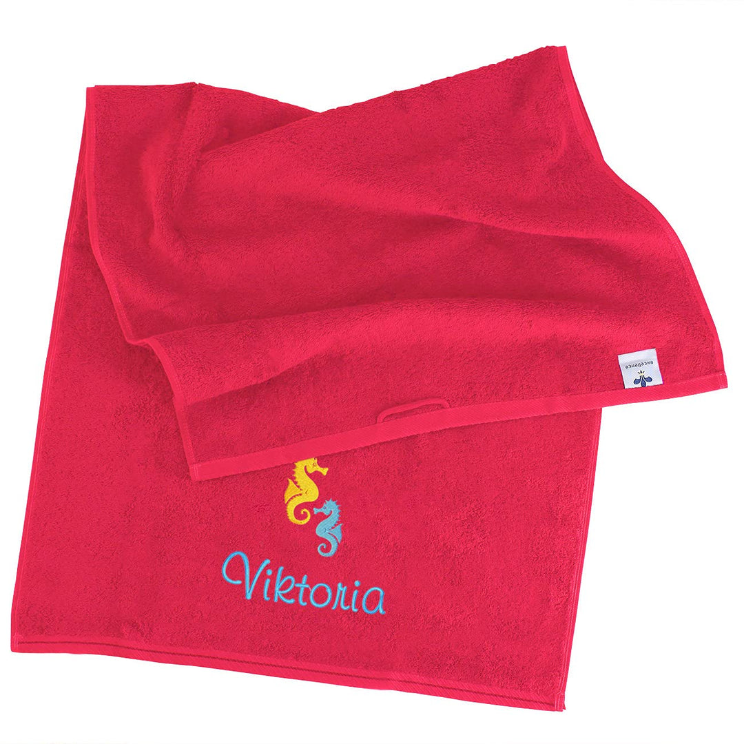 Herz & Heim® Seepferdchen Badetuch mit Name Bestickt, 3 Farben zur Auswahl, 140 x 70 cm Himbeer, Him