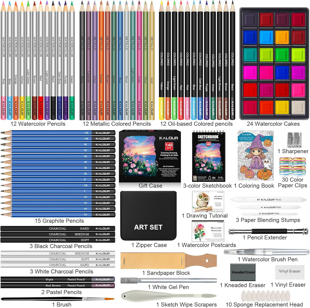 KALOUR Art Set, 140 Pieces Drawing and Painting Supplies, Colored Pencils, Watercolor, Sketchbook, C