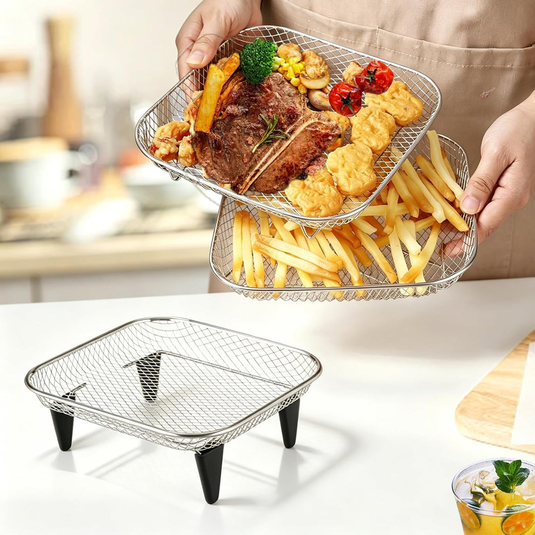 Airfryer Zubehör, 3 Stück Korb für Heissluftfritteuse, Air Fryer Rack mit 8 Silikonfüssen 1 Pinzette