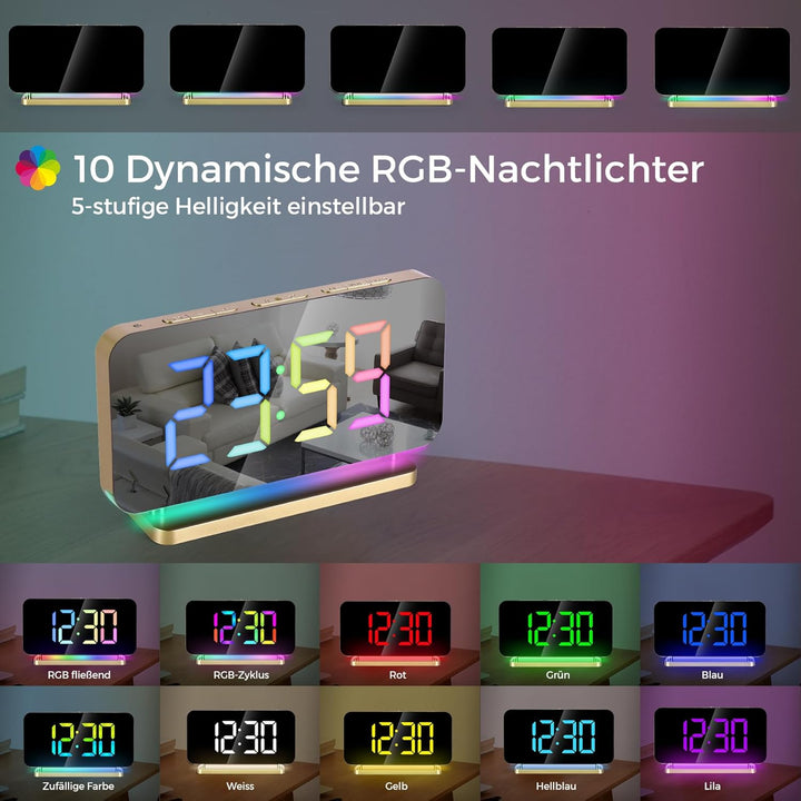 SZELAM Wecker Digital,Wecker Nachttisch,7,4" LED-Spiegeluhr mit 10 Modi RGB-Nachtlicht,11 Farben LED