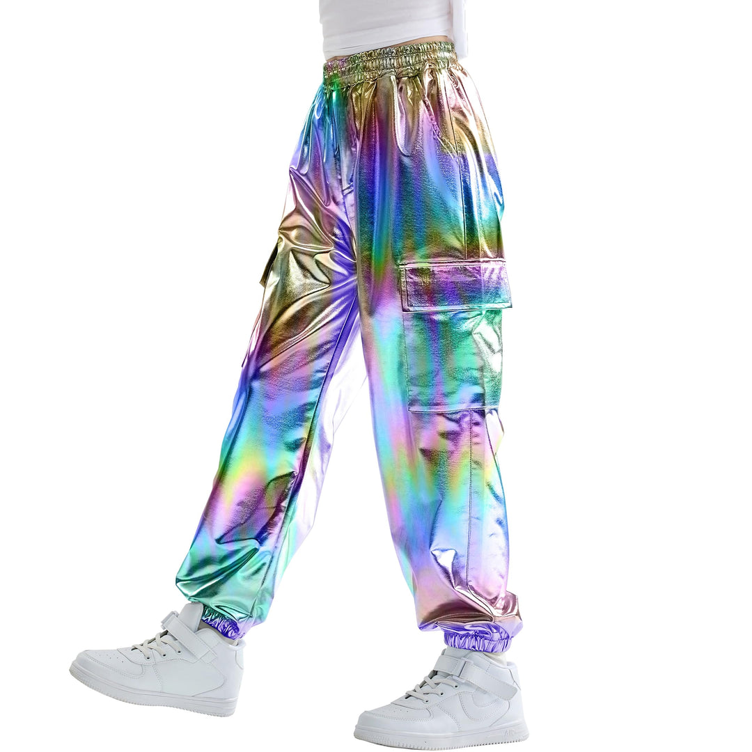 Rolanko Cargo Hosen für Mädchen, Metallische Tanz Hip Hop Hosen für Kinder Mit Elastischem Bund, Ret