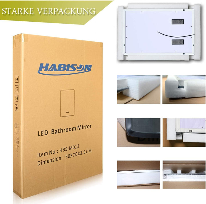 Habison LED Bluetooth Badezimmerspiegel Beleuchteter 50x70cm Antibeschlag Badezimmerspiegel Wandspie